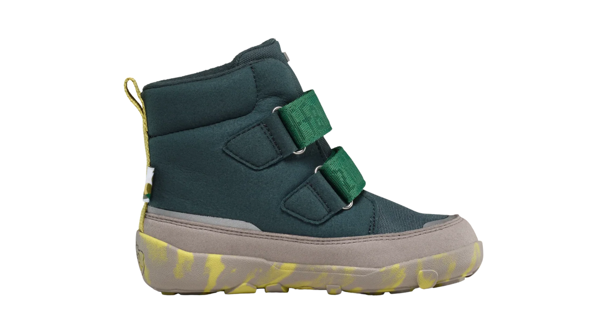 Kinder-Barfußstiefel mit breiter Zehenbox, zwei Klettverschlüssen und geschlossenen Zehen, Seitenansicht innen
