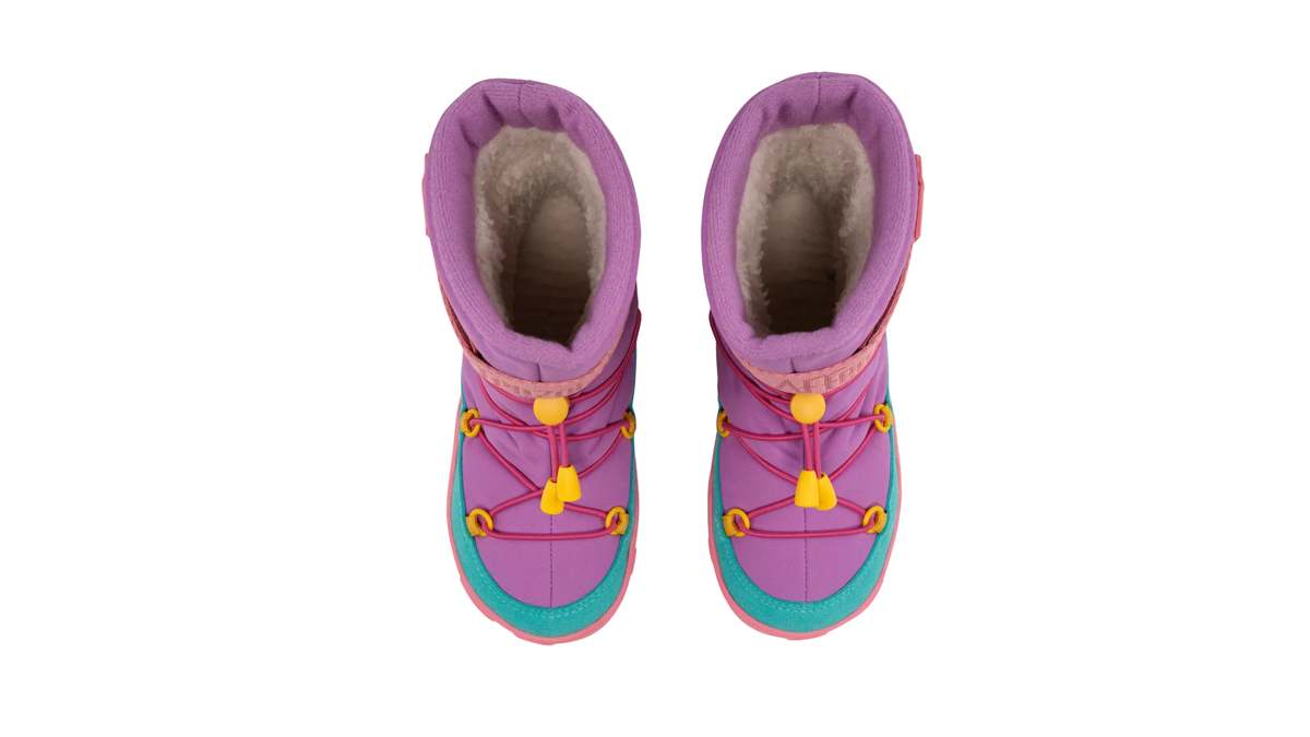 Kinder-Barfußwinterstiefel als Paar mit breiter Zehenbox, Schnellschnürsystem und sichtbarem Futter, Draufsicht