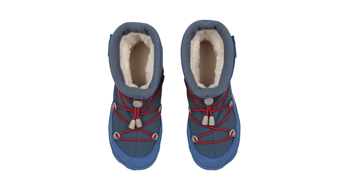 Kinder-Barfußwinterstiefel als Paar mit Schnellschnürsystem, breiter Zehenbox und sichtbarem Futter, Draufsicht