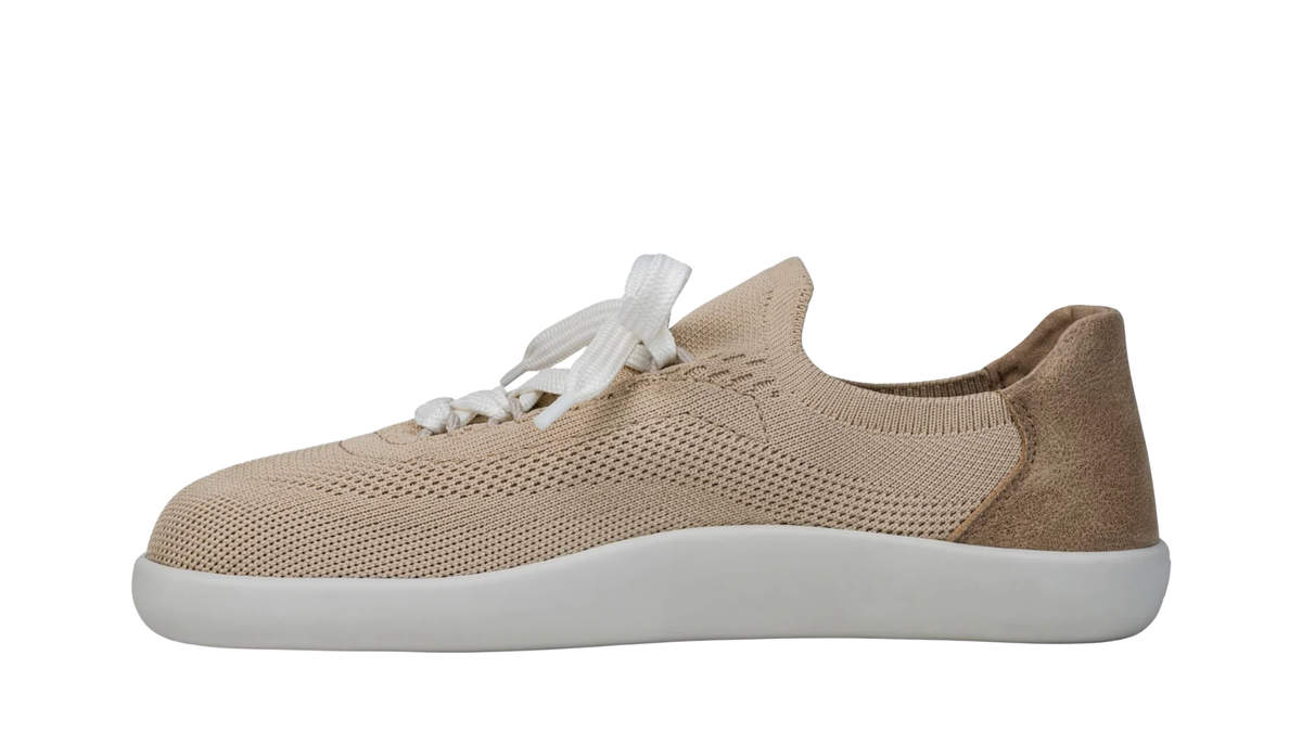 Barfußsneaker mit Schnürung, Strick-Obermaterial und geschlossener Zehenpartie, Einzelschuh, Seitenansicht innen