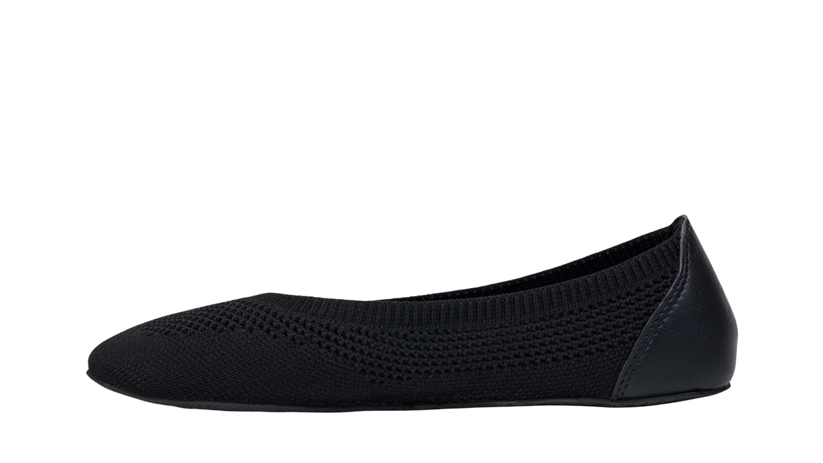 Ballerina-Barfußschuh mit Strick-Obermaterial, flacher Öffnung und geschlossener Zehenpartie, Einzelschuh, Seitenansicht innen
