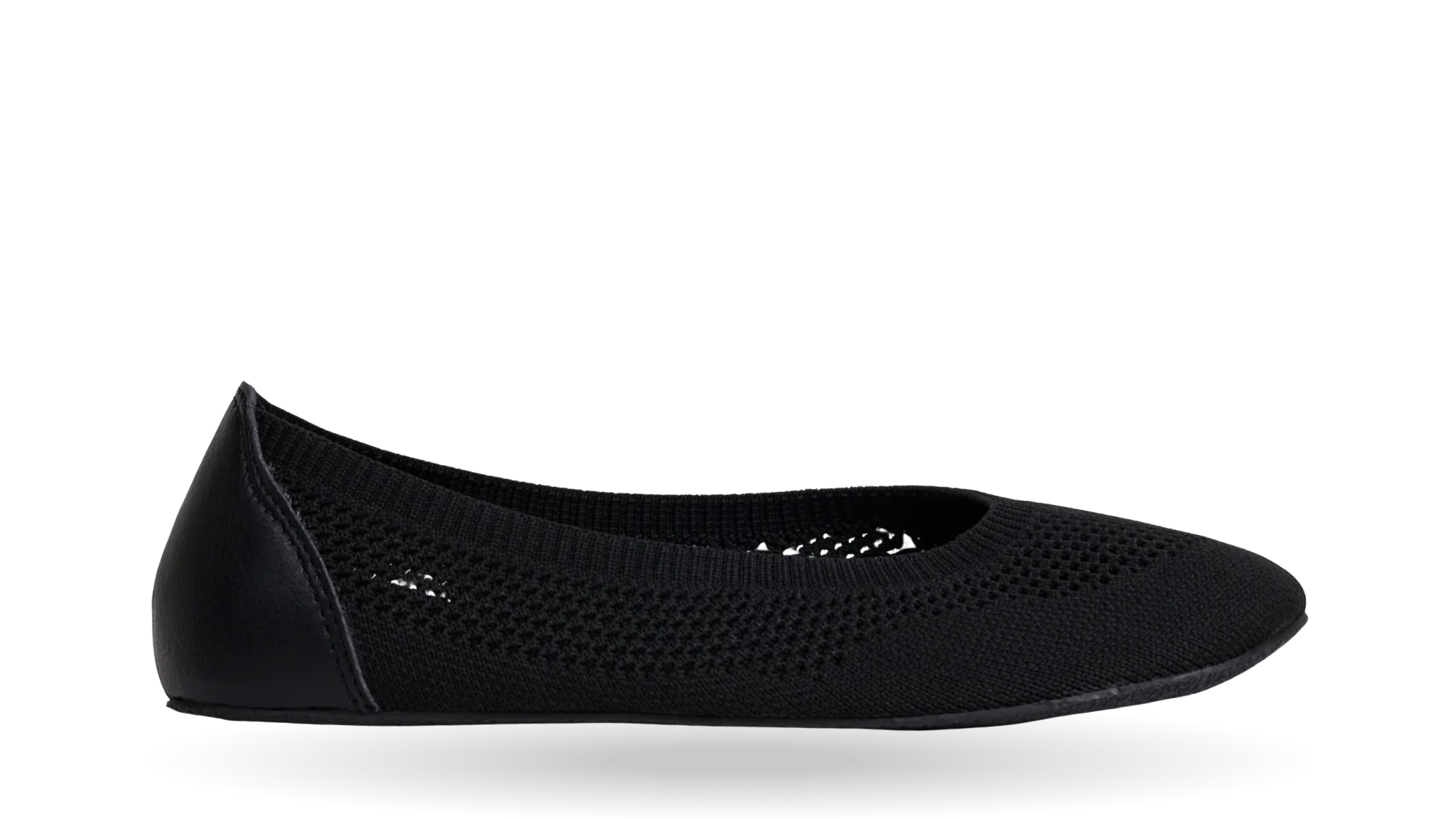 Ballerina-Barfußschuh mit Strick-Obermaterial, flacher Öffnung und geschlossener Zehenpartie, Einzelschuh, Seitenansicht außen
