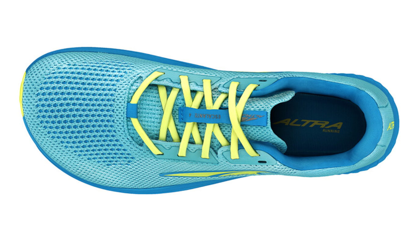 Laufschuhe als Paar, Draufsicht von oben. Innenform und Fersenaufnahme sichtbar.