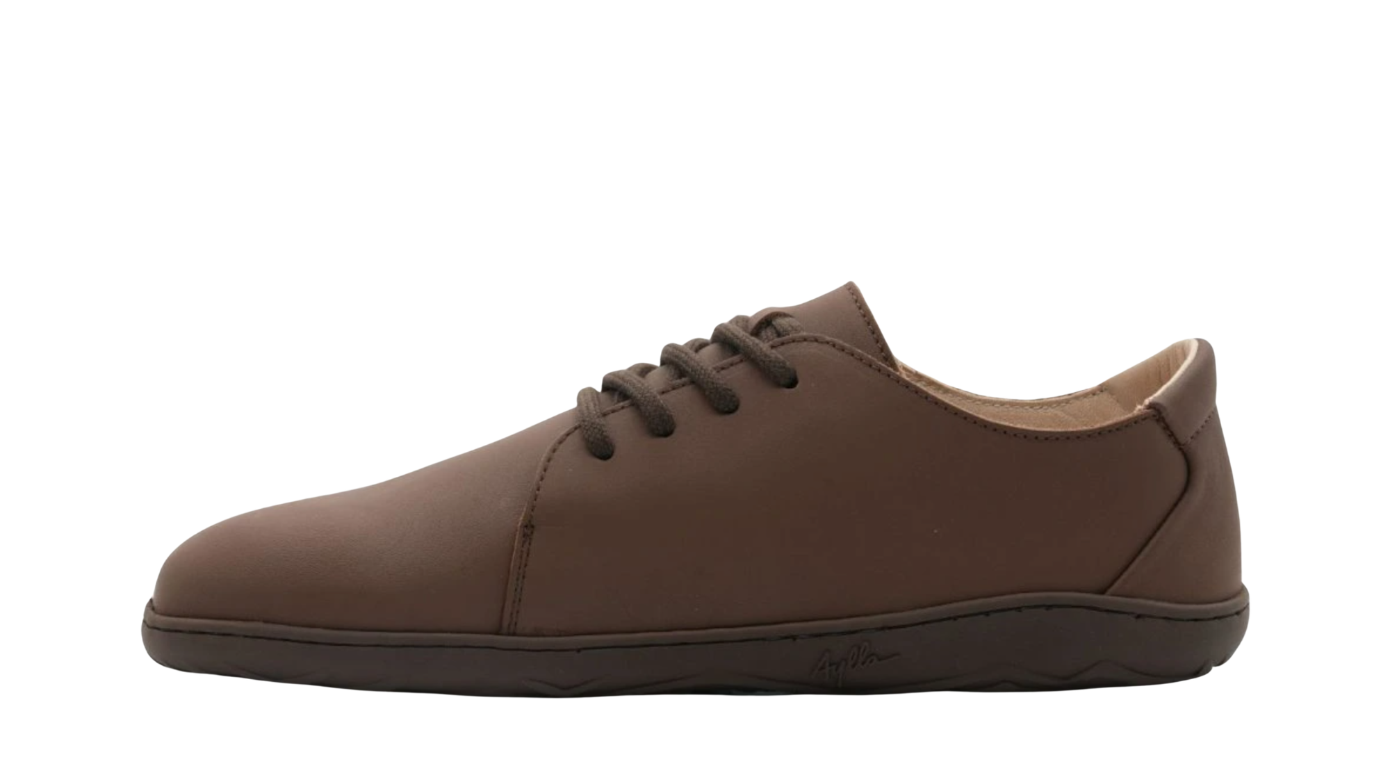 Barfußschuh für Erwachsene mit breiter Zehenbox, geschlossenem Zehenbereich, geschlossener Ferse, Schnürung, flacher flexibler Sohle, Seitenansicht innen.