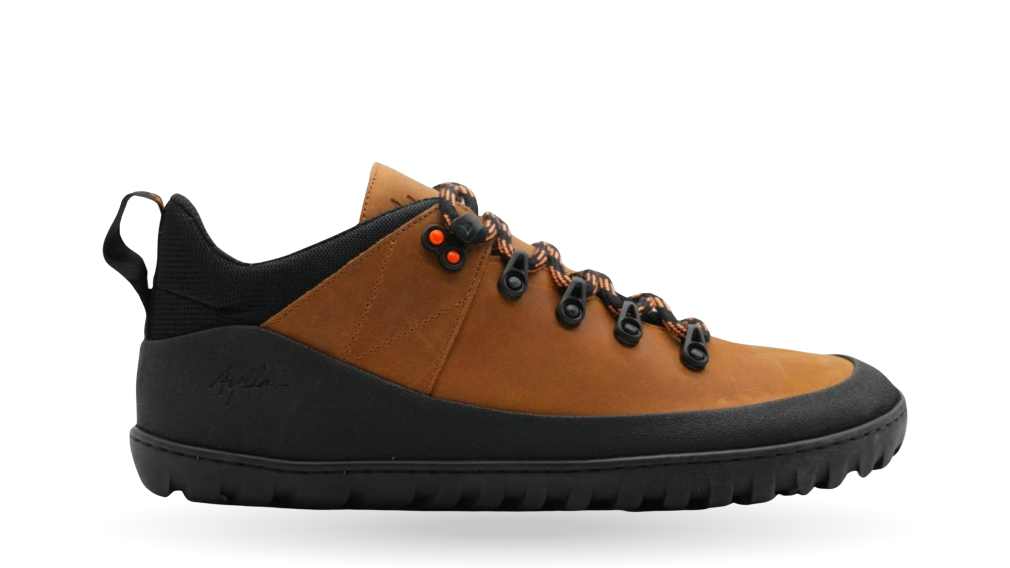 Barfußschuh für Erwachsene mit breiter Zehenbox, geschlossenem Zehenbereich, geschlossener Ferse, Schnürung mit Ösen, profilierte flexible Sohle, Seitenansicht außen.