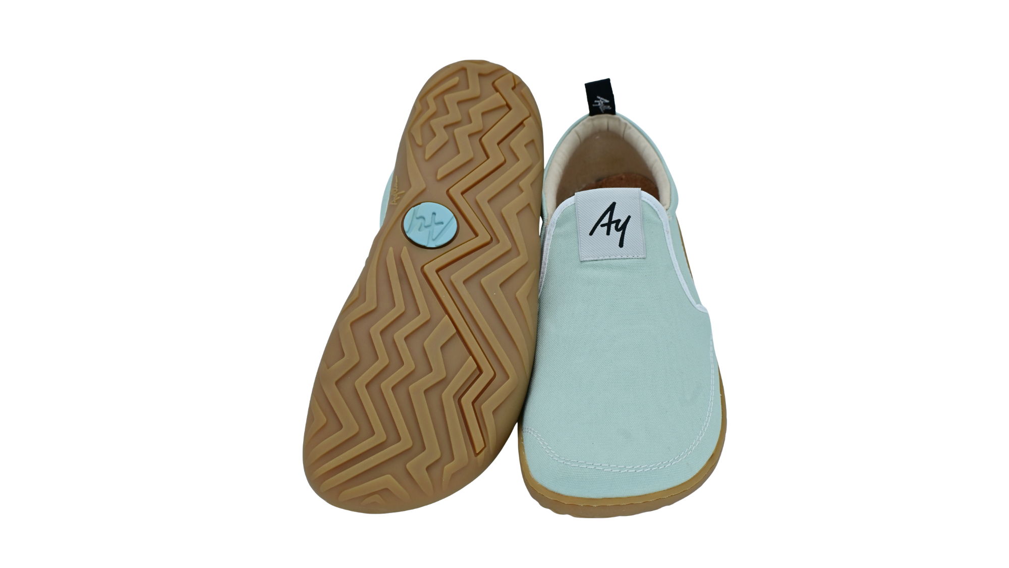Barfußschuh mit elastischem Einstieg, breiter Zehenbox und flexibler Sohle, Ansicht von unten und Draufsicht als Paar
