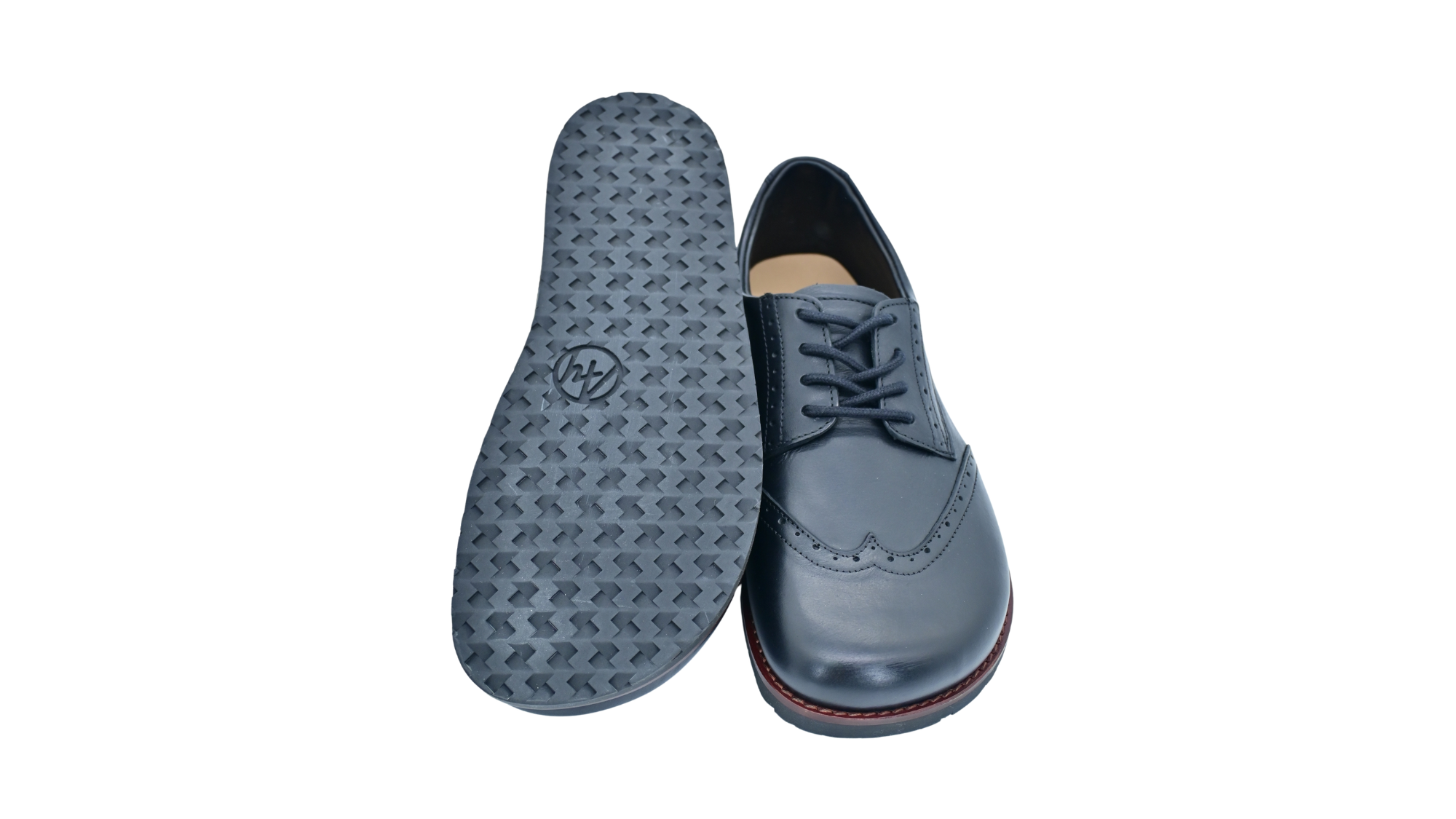 Barfußhalbschuhe in Ansicht von unten und Draufsicht, mit profilierter Sohle, breiter Zehenbox und Schnürverschluss.