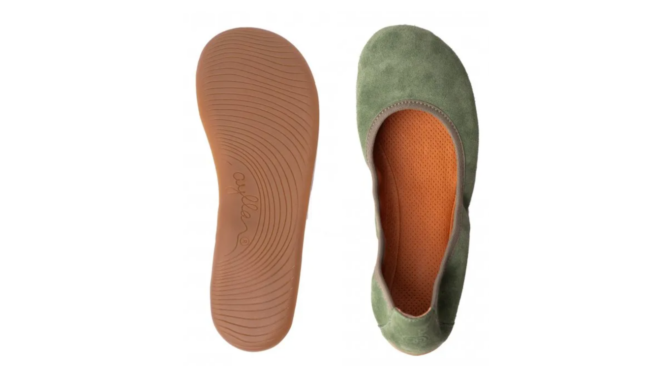 Barfußschuh, Ansicht von unten und Draufsicht. Flache Sohle mit Profil, Innenform des Schuhs sichtbar.