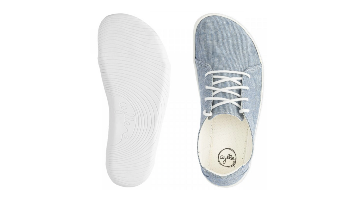 Barfußschuh, Ansicht von unten und Draufsicht. Flache Laufsohle, Innenform mit breitem Vorfuß sichtbar.