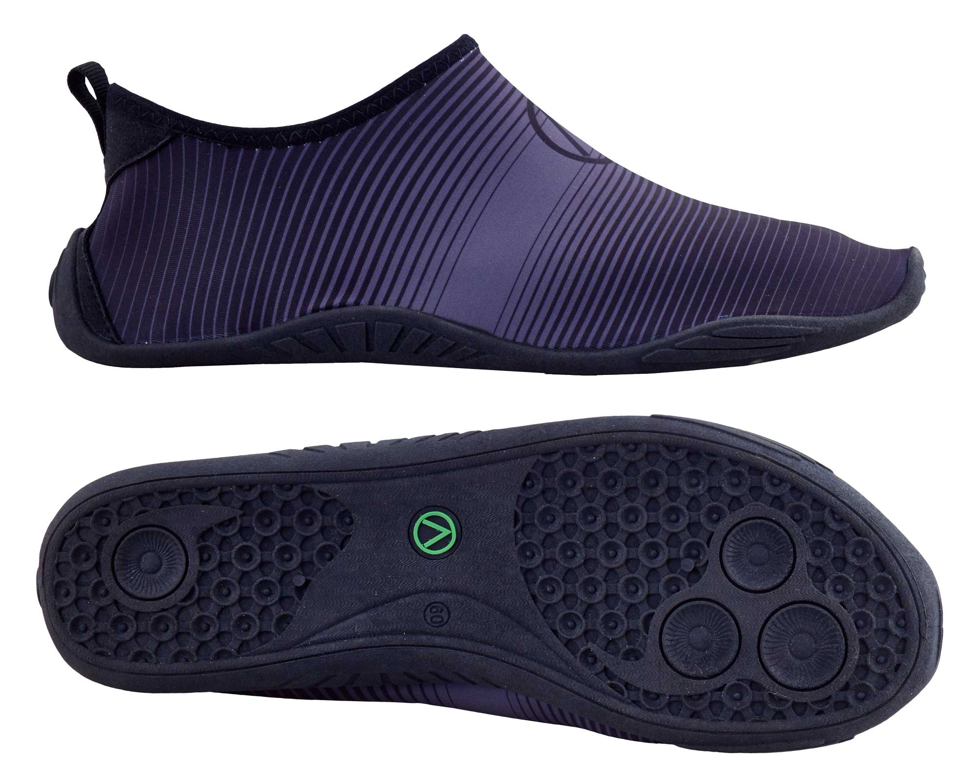 Barfußschuh, Seitenansicht außen und Ansicht von unten. Geschlossener Schuh mit elastischem Einstieg, breite Zehenbox, flexible flache Sohle.