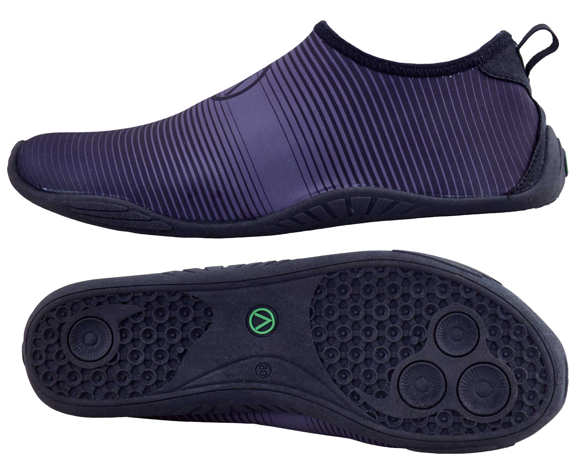 Barfußschuh, Seitenansicht außen und Ansicht von unten. Geschlossener Schuh mit elastischem Einstieg, flexible flache Sohle mit Profilstruktur.