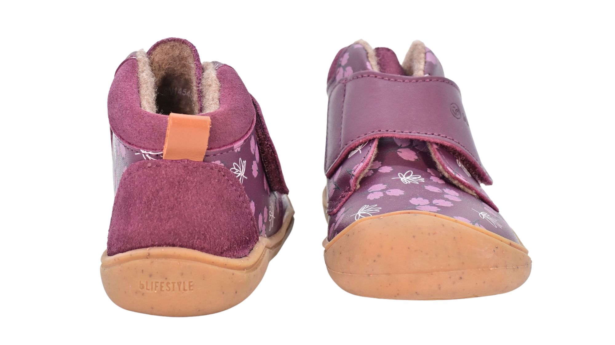 Knöchelhoher Barfußschuh für Kinder mit breiter Zehenbox, Klettverschluss, geschlossene Zehen, geschlossener Fersenbereich, Draufsicht als Paar