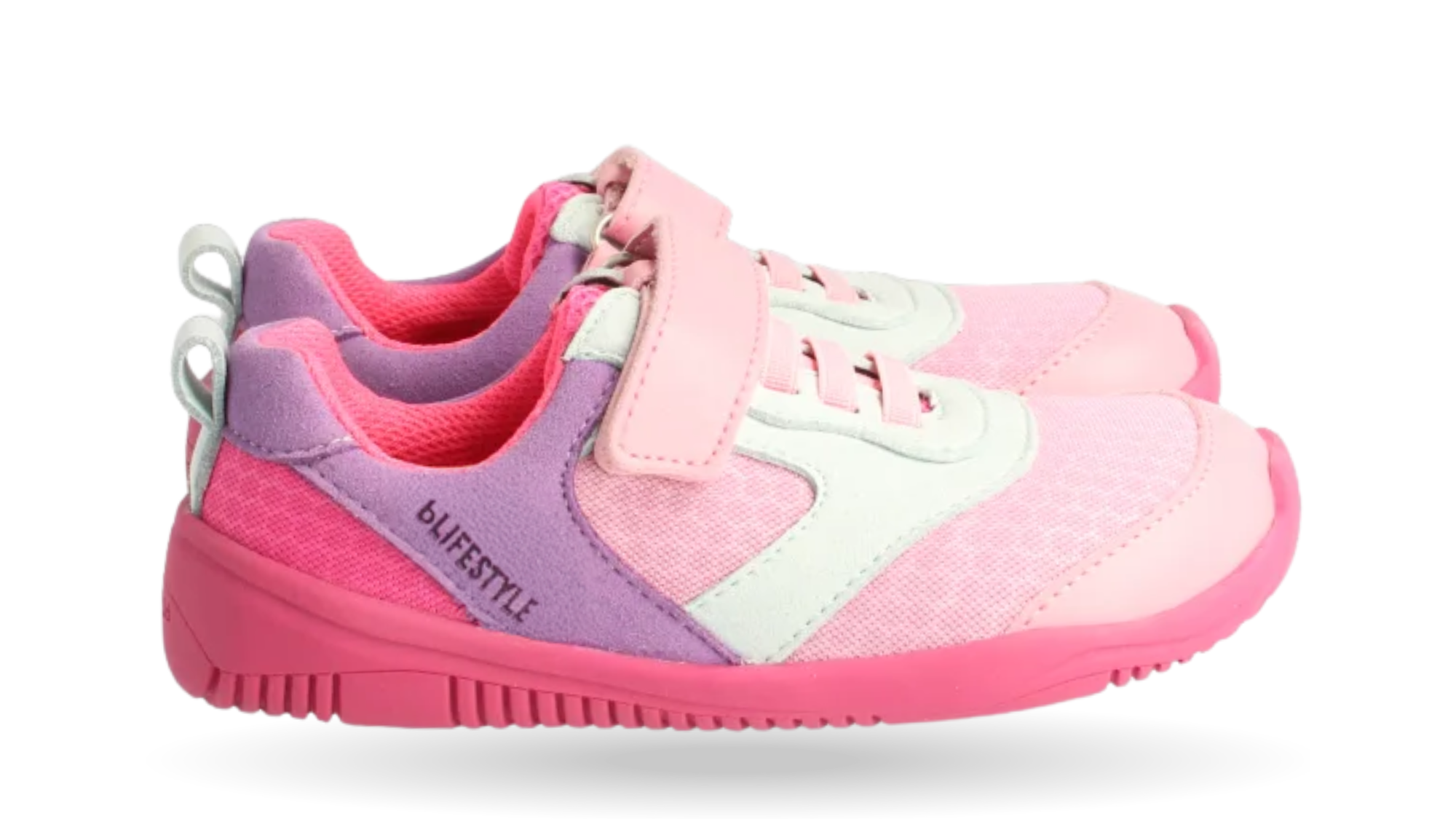 Kinder Barfußhalbschuh mit breiter Zehenbox, flexibler Sohle, Klettverschluss und Schnürung, geschlossene Zehen, geschlossene Ferse, Seitenansicht als Paar