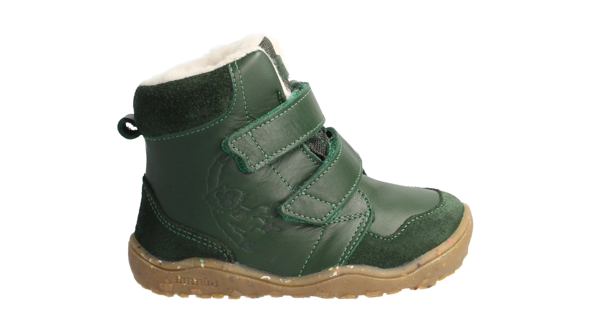 Barfußstiefel mit zwei Klettverschlüssen, breite Zehenbox, flexible Sohle, geschlossener Fersenbereich, hoher Schaft, Seitenansicht außen
