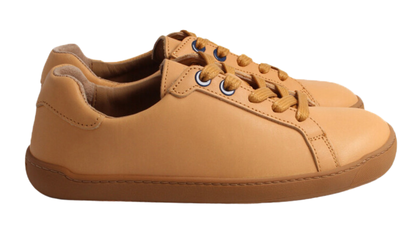 Barfußschuh für Erwachsene mit breiter Zehenbox, flexibler Sohle und Schnürung, geschlossene Zehen und geschlossener Fersenbereich, Seitenansicht außen.