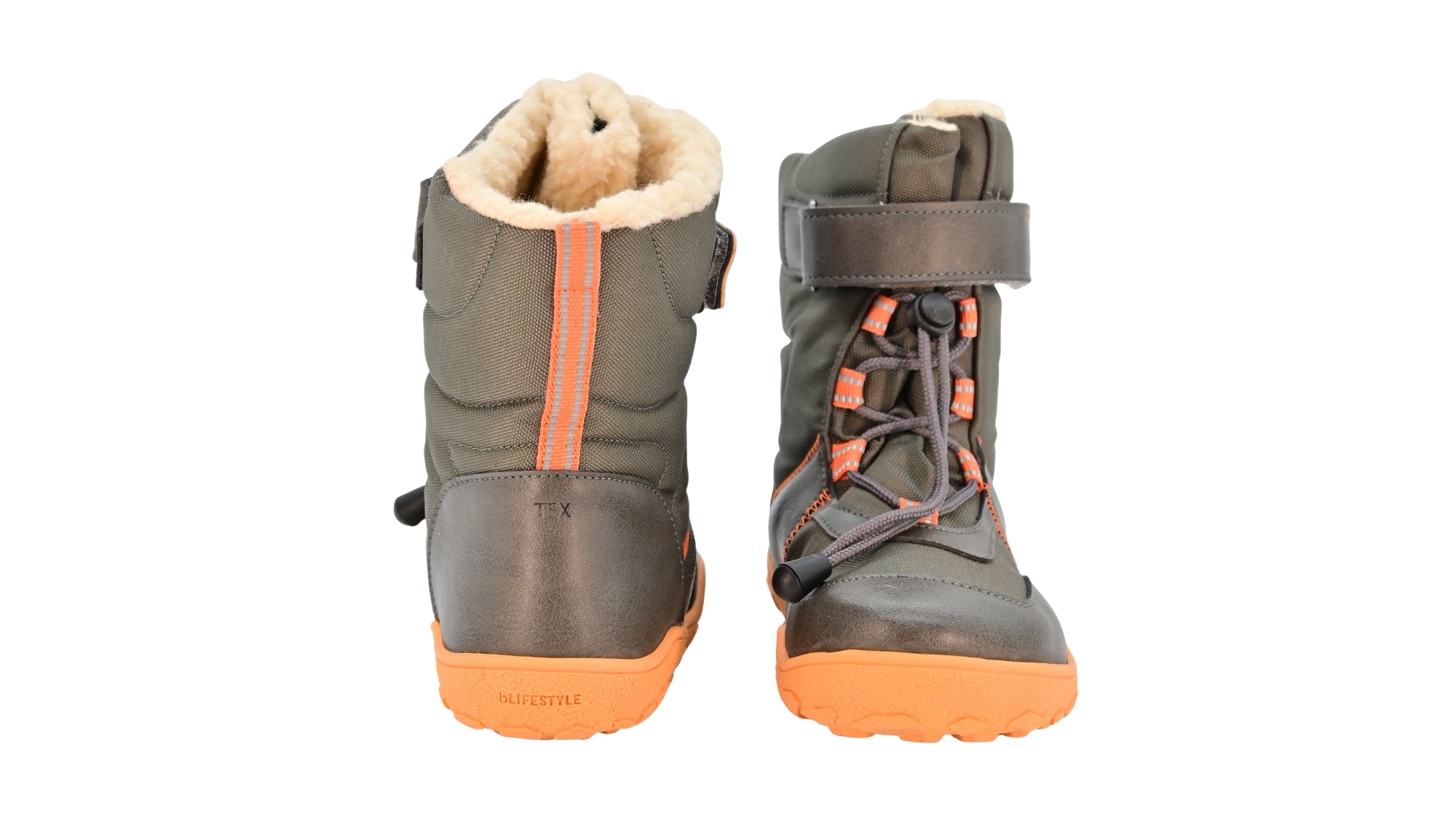 Barfußwinterstiefel als Paar mit geschlossener Ferse, Rückansicht