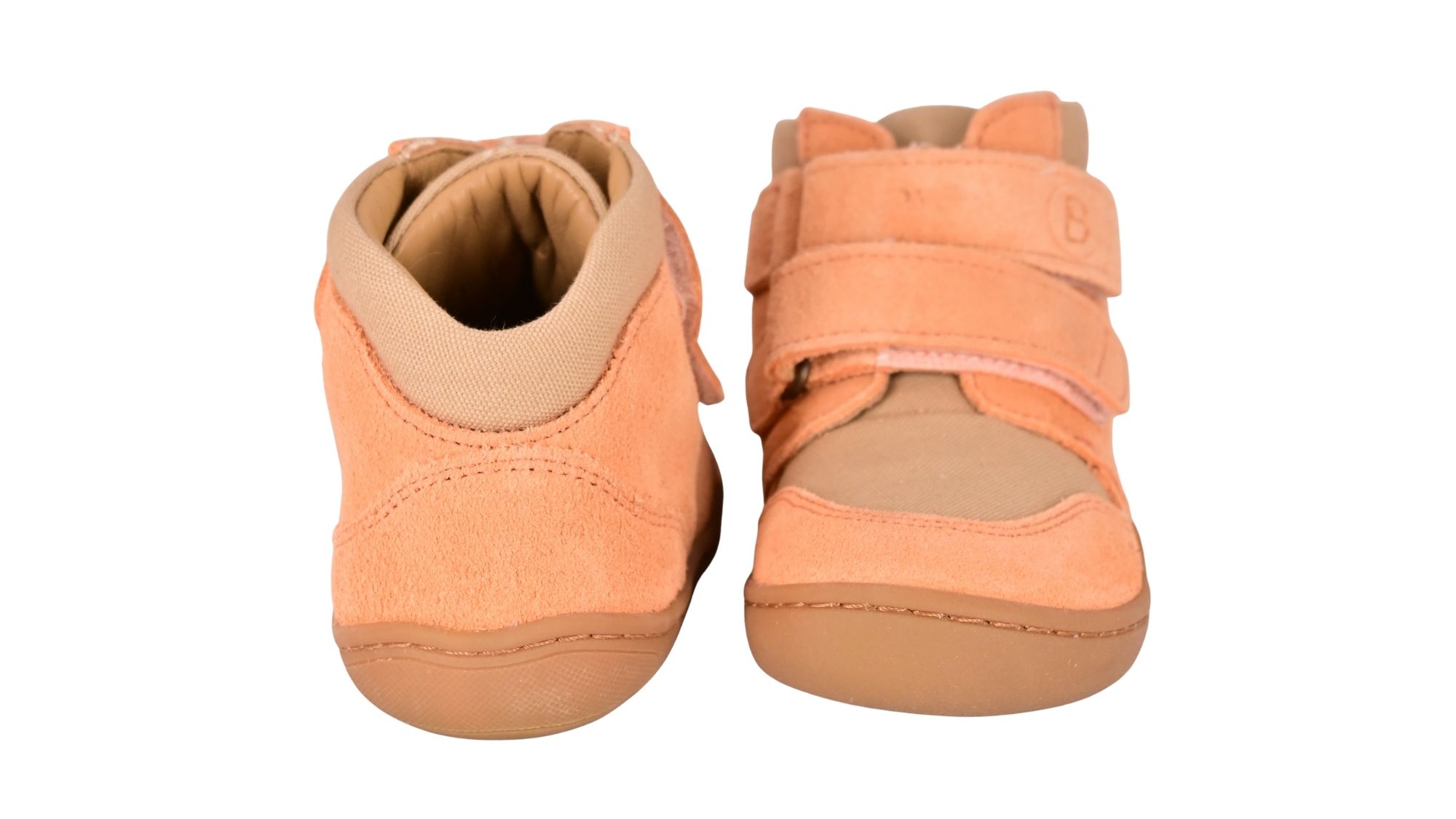 Knöchelhoher Barfußschuh für Kinder mit breiter Zehenbox, Klettverschluss, geschlossene Zehen, geschlossener Fersenbereich, Rückansicht als Paar
