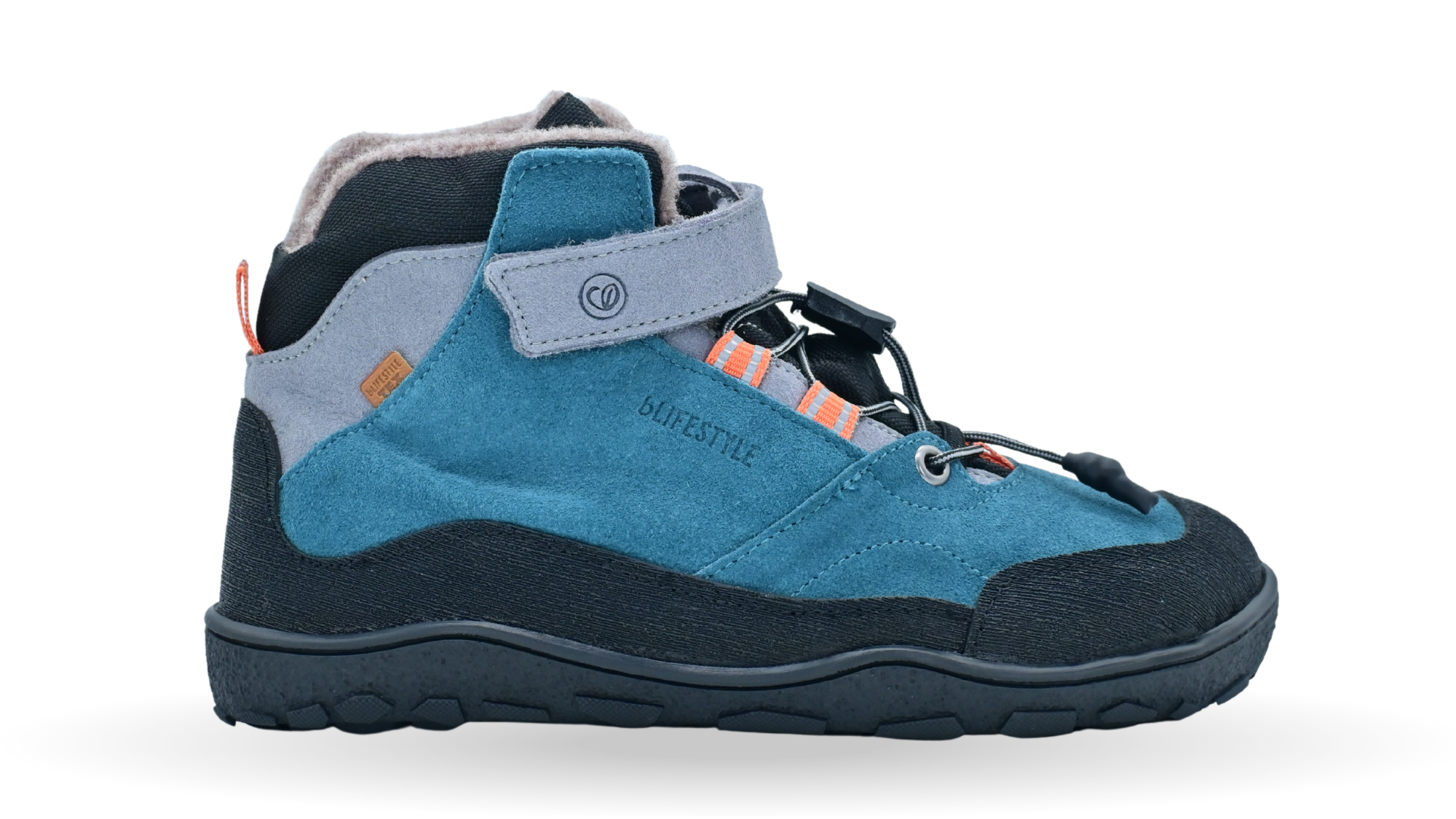 Halbhoher Barfußschuh für Kinder mit Klettverschluss, Schnellverschluss, breiter Zehenbox und Profilsohle, Seitenansicht außen