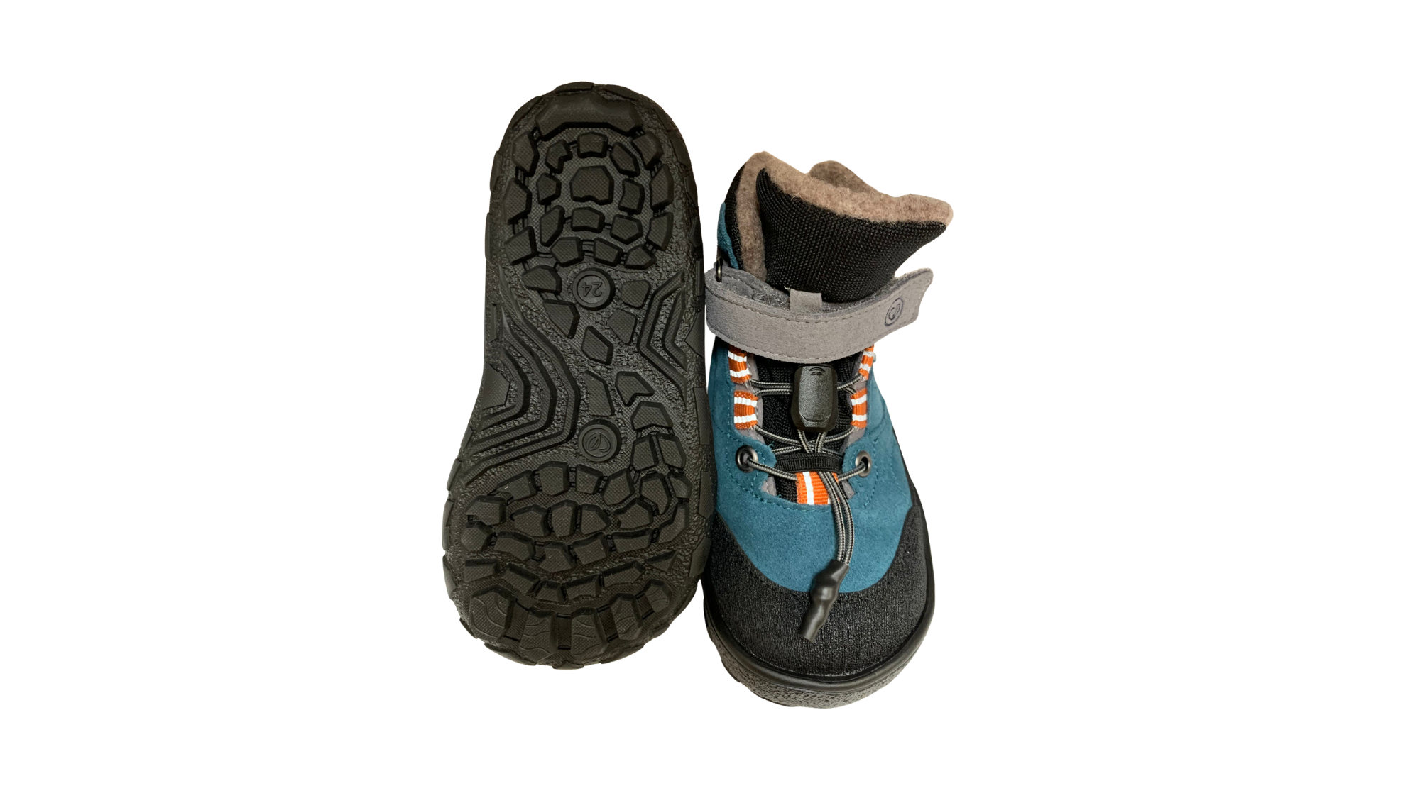 Paar gefütterte halbhohe Barfußschuhe für Kinder mit profilierter Laufsohle,  Schnellverschluss und Klettverschluss, Ansicht von unten und oben