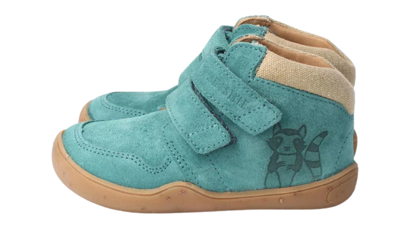 Knöchelhoher Barfußschuh für Kinder mit breiter Zehenbox, flexibler Sohle und Klettverschluss, Seitenansicht außen