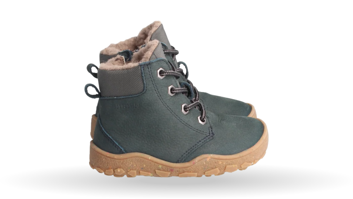 Paar halbhoher Barfußwinterstiefel für Kinder mit Schnürung und breiter Zehenbox, Ansicht von außen