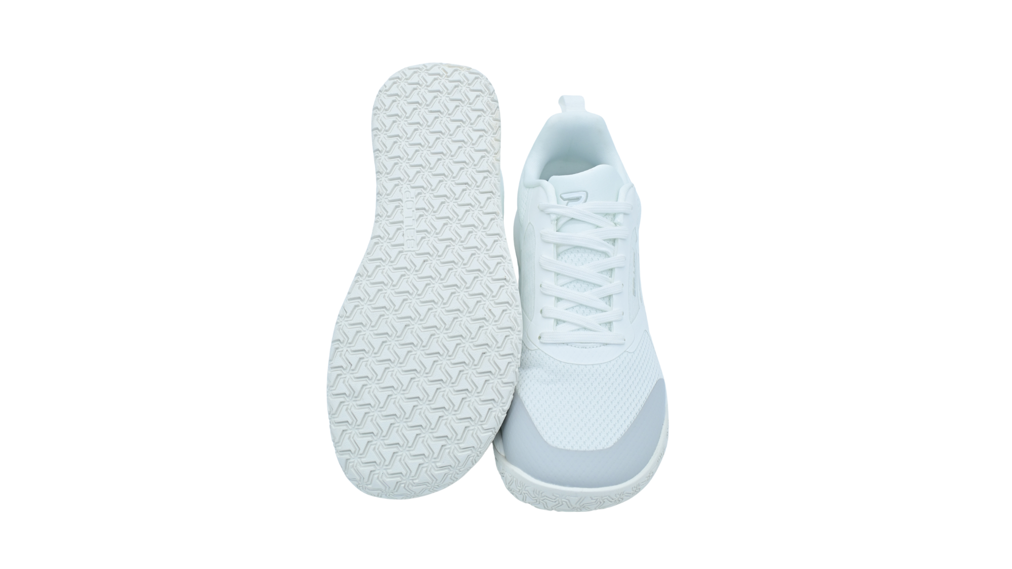 Paar sportliche Barfußschuhe für Erwachsene mit profilierter Laufsohle, Schnürung und breiter Zehenbox, ein Schuh in Ansicht von unten, einer in Draufsicht