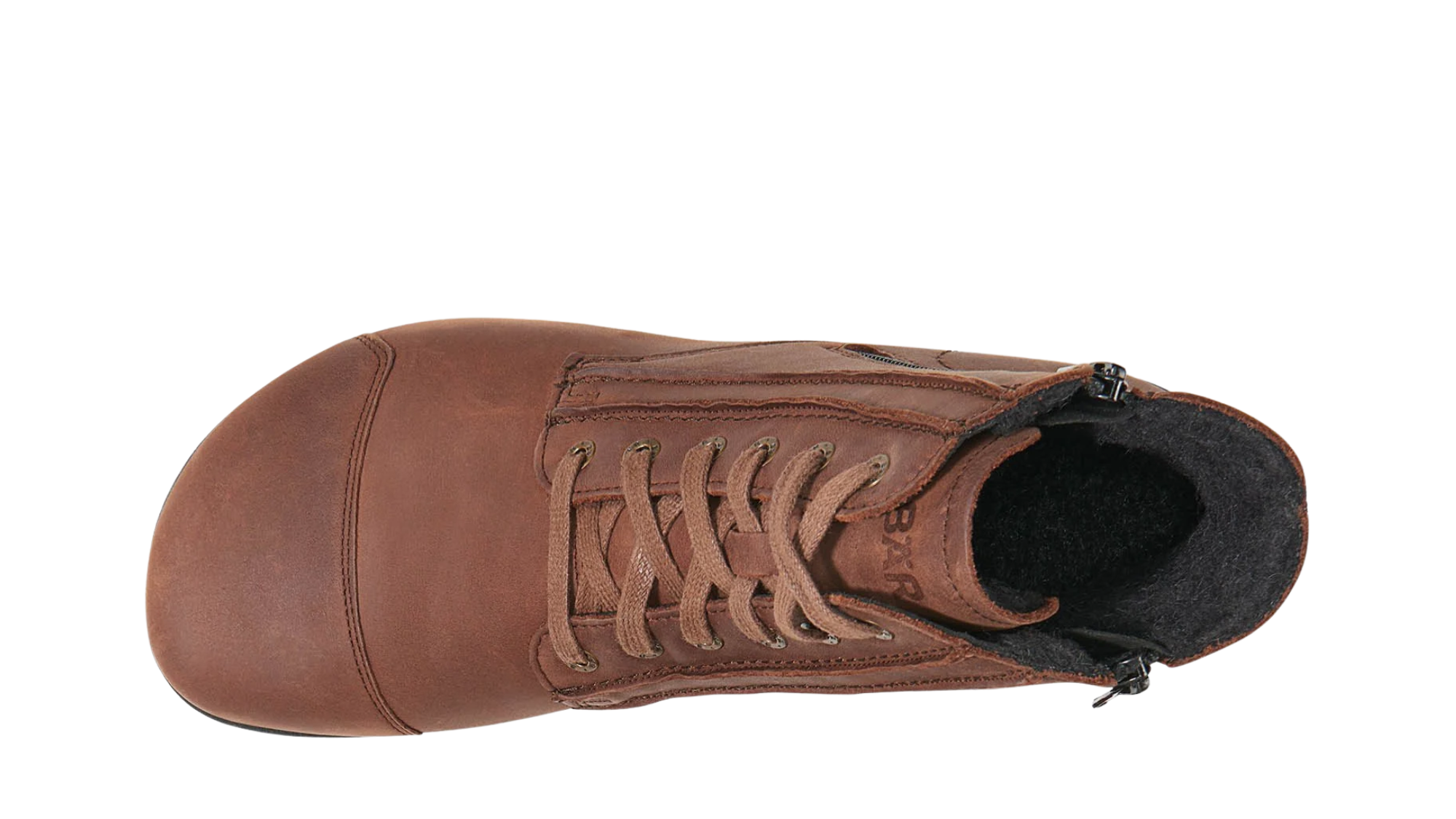Barfußstiefel für Erwachsene mit breiter Zehenbox, Schnürung und seitlichem Reißverschluss, geschlossener Fersenbereich, Draufsicht.