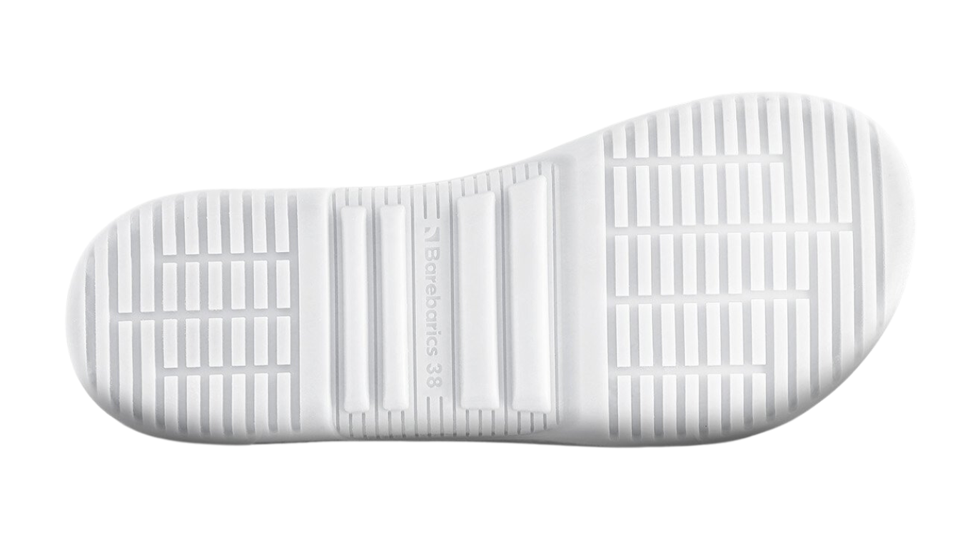Barfußschuh für Erwachsene mit flacher, flexibler Sohle und strukturiertem Profil, Ansicht von unten.