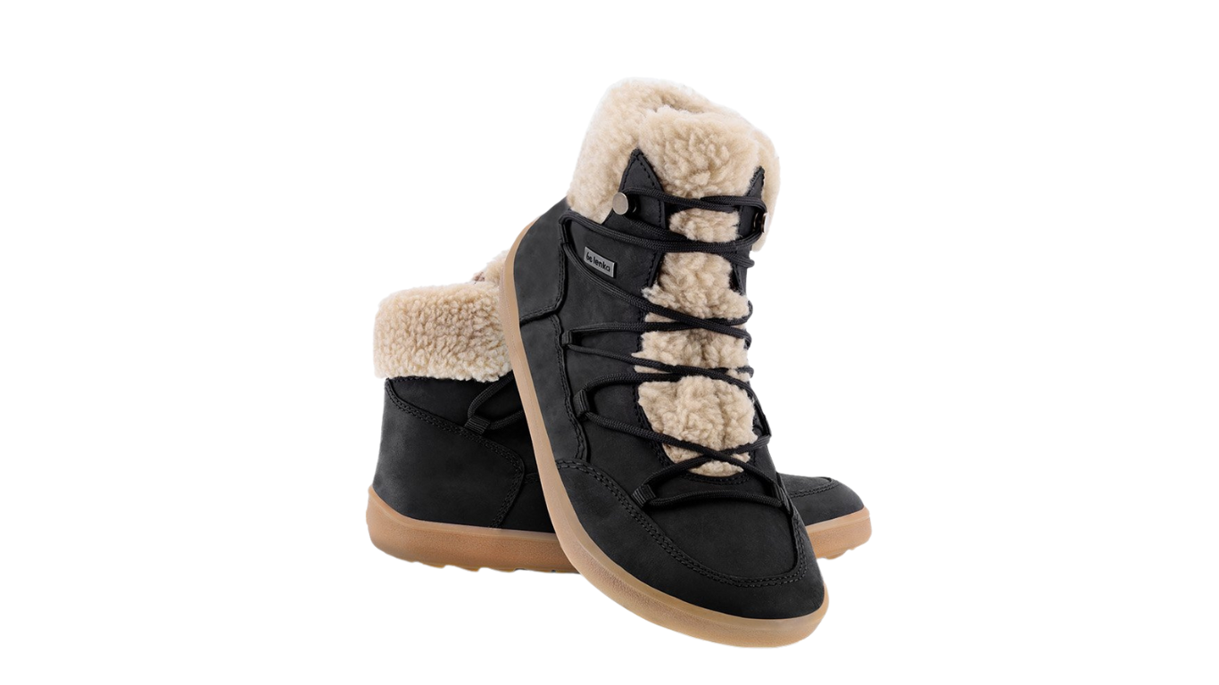 Barfußwinterstiefel für Erwachsene als Paar, knöchelhoch, Schnürung, geschlossene Zehen, geschlossener Fersenbereich, Seitenansicht außen