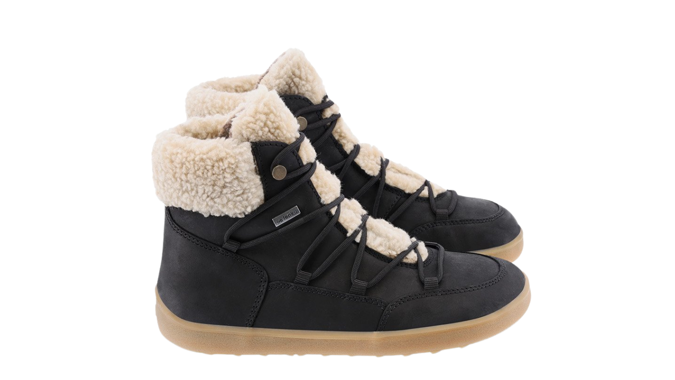 Barfußwinterstiefel für Erwachsene, knöchelhoch, breite Zehenbox, Schnürung, geschlossene Zehen, geschlossener Fersenbereich, Seitenansicht außen und innen