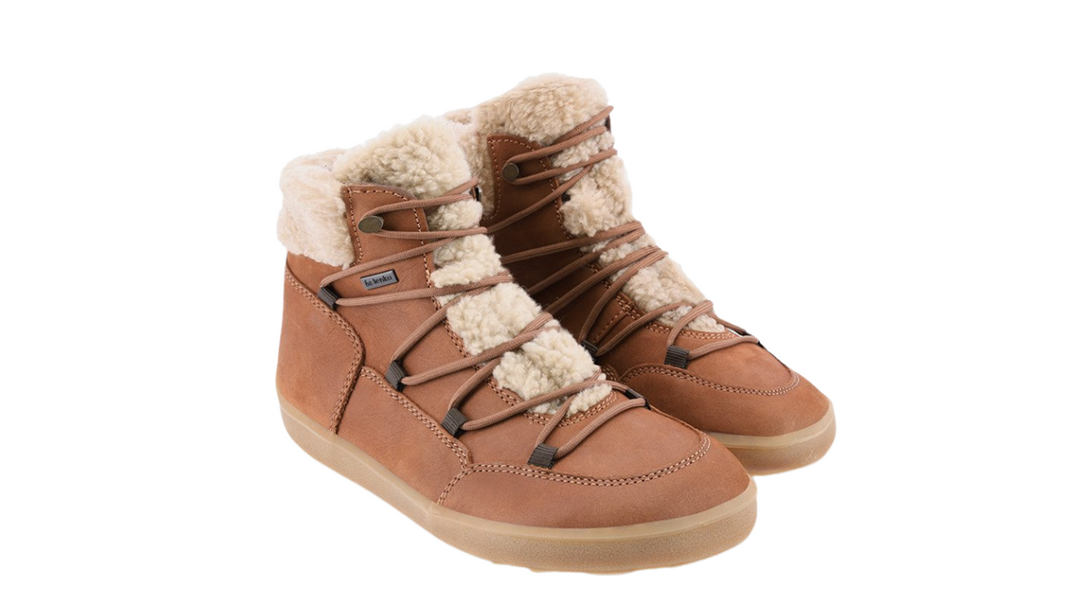 Barfußwinterstiefel für Erwachsene als Paar, knöchelhoch, Schnürung, geschlossene Zehen, geschlossener Fersenbereich, schräge Vorderansicht