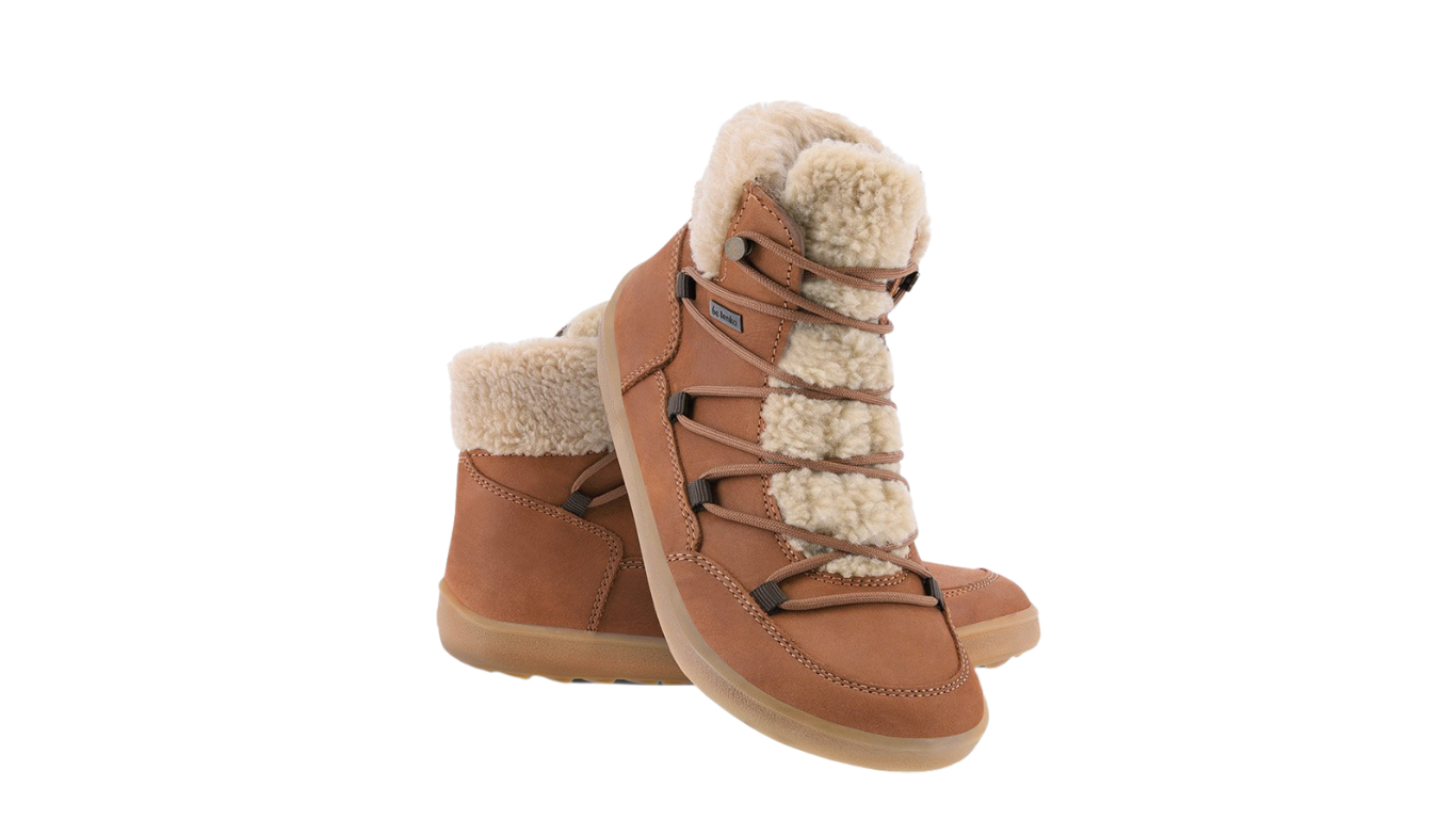Barfußwinterstiefel für Erwachsene als Paar, knöchelhoch, Schnürung, geschlossene Zehen, geschlossener Fersenbereich, Seitenansicht außen