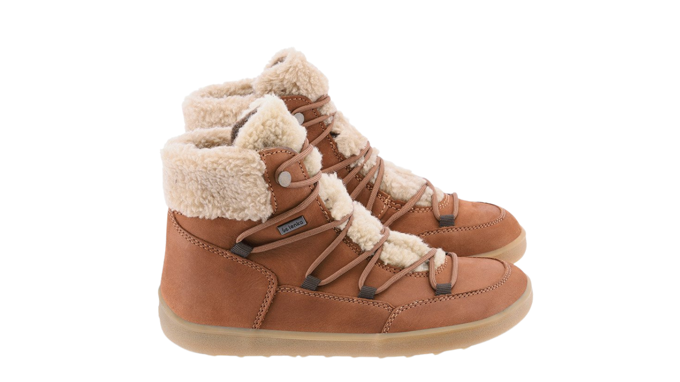 Barfußwinterstiefel für Erwachsene, knöchelhoch, breite Zehenbox, Schnürung, geschlossene Zehen, geschlossener Fersenbereich, Seitenansicht außen und innen