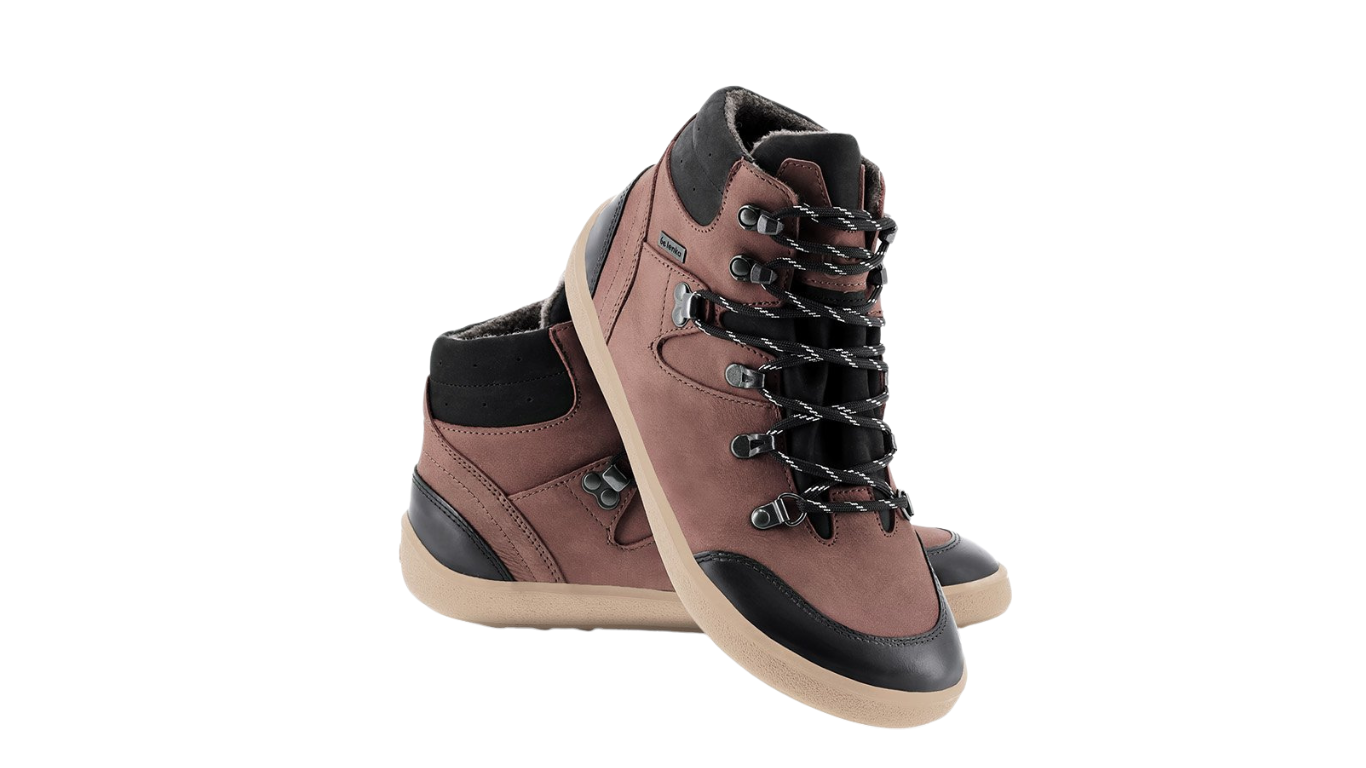 Barfußwinterstiefel für Erwachsene als Paar, knöchelhoch, Schnürung, geschlossene Zehen, geschlossener Fersenbereich, schräge Vorderansicht