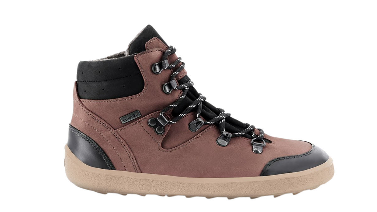 Barfußwinterstiefel für Erwachsene, knöchelhoch, breite Zehenbox, Schnürung, geschlossene Zehen, geschlossener Fersenbereich, Seitenansicht außen