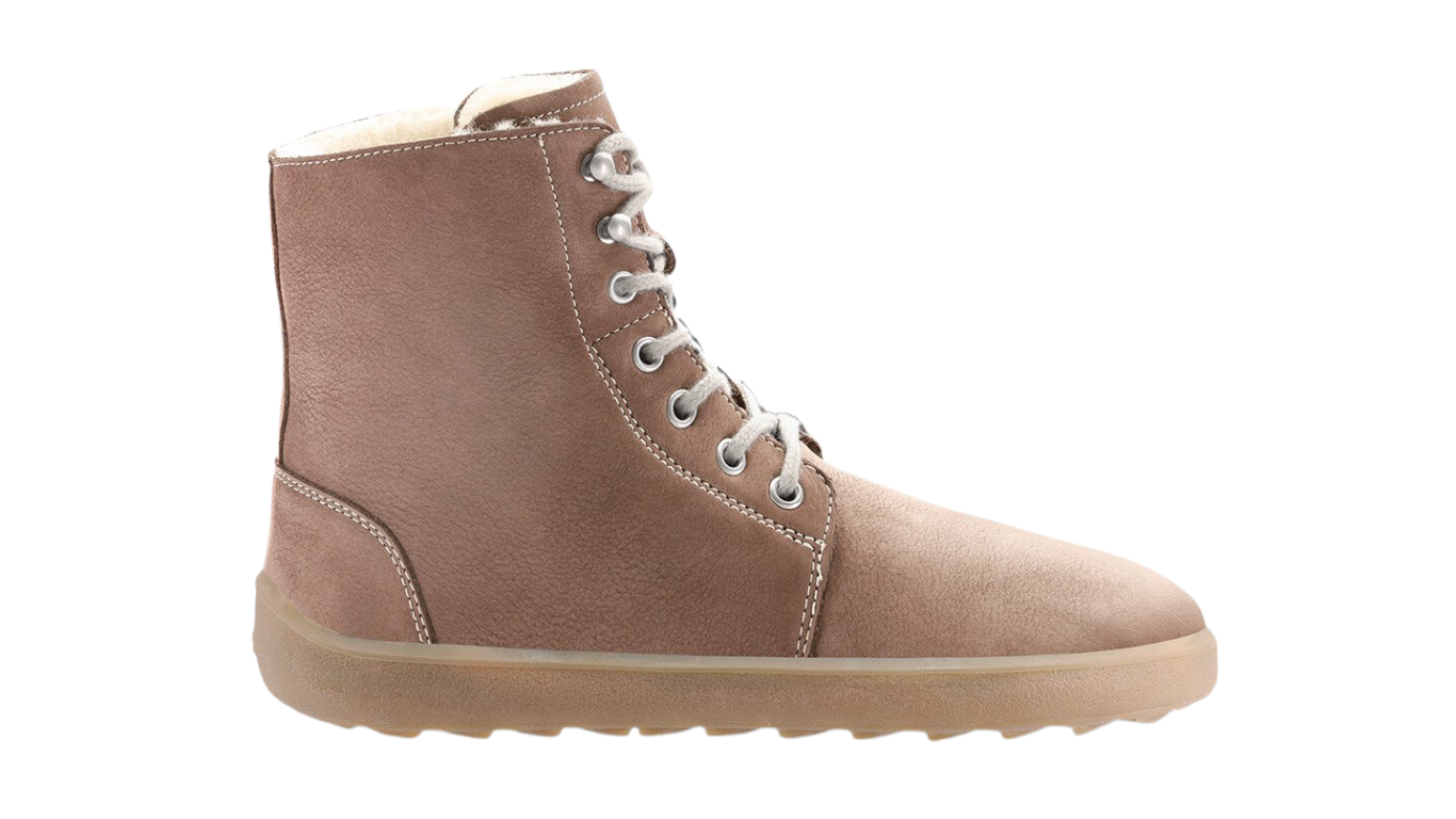 Barfußwinterstiefel für Erwachsene mit breiter Zehenbox, Schnürung, knöchelhohem Schaft, geschlossener Zehenbox und geschlossener Ferse, Seitenansicht außen.