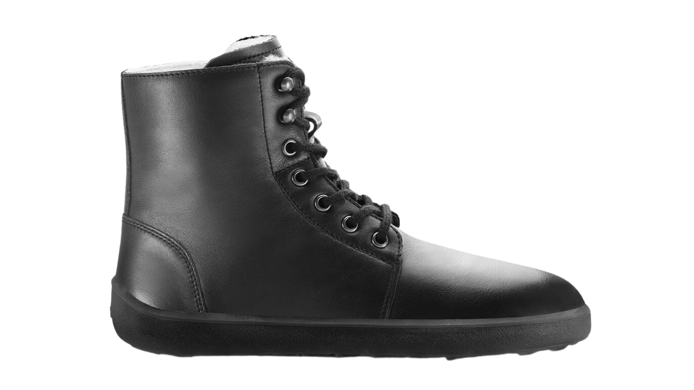 Barfußwinterstiefel für Erwachsene mit breiter Zehenbox, Schnürung, knöchelhohem Schaft, geschlossener Zehenbox und geschlossener Ferse, Seitenansicht außen.