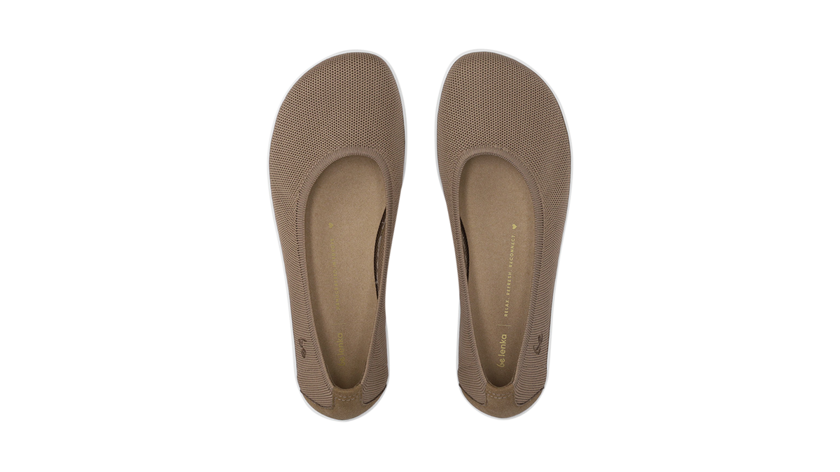 Ballerina-Barfußschuh mit flacher Öffnung, geschlossener Zehenpartie und flexibler Sohle, Draufsicht als Paar