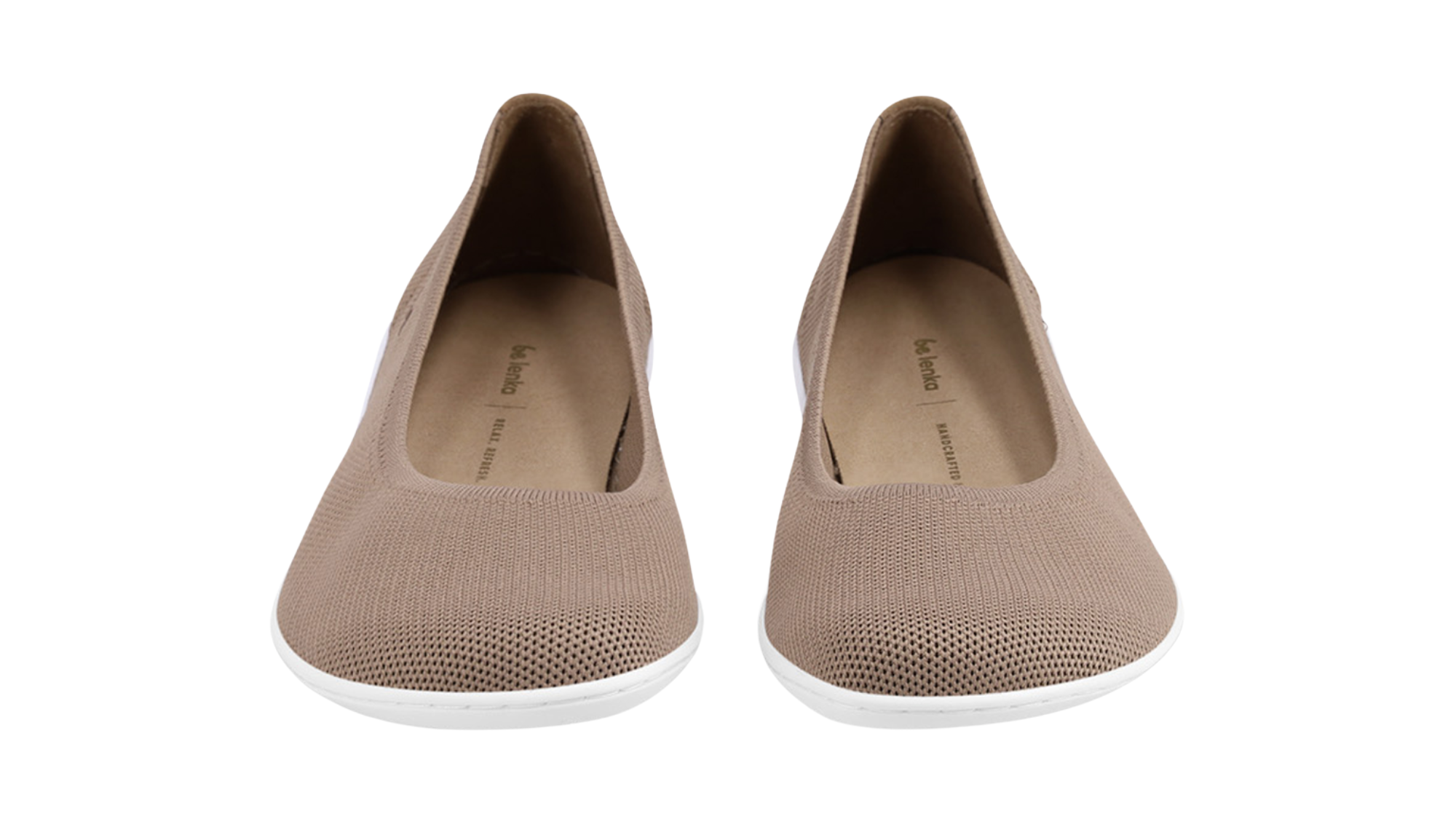 Ballerina-Barfußschuh mit flacher Öffnung, geschlossener Zehenpartie und flexibler Sohle, Vorderansicht als Paar