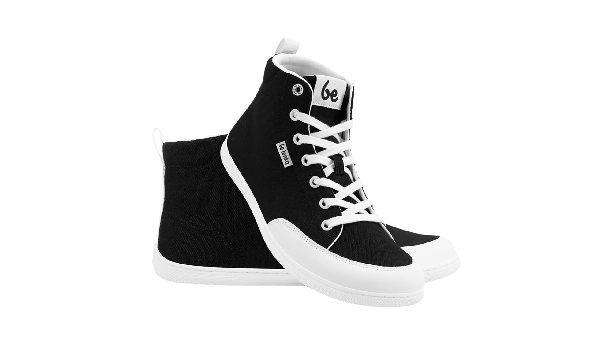 Hoher Barfußsneaker mit Schnürung, hohem Schaft und geschlossener Zehenpartie, Seitenansicht und schräge Vorderansicht als Paar