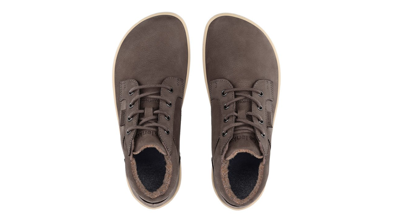 Knöchelhoher Barfußschuh als Paar, Draufsicht.