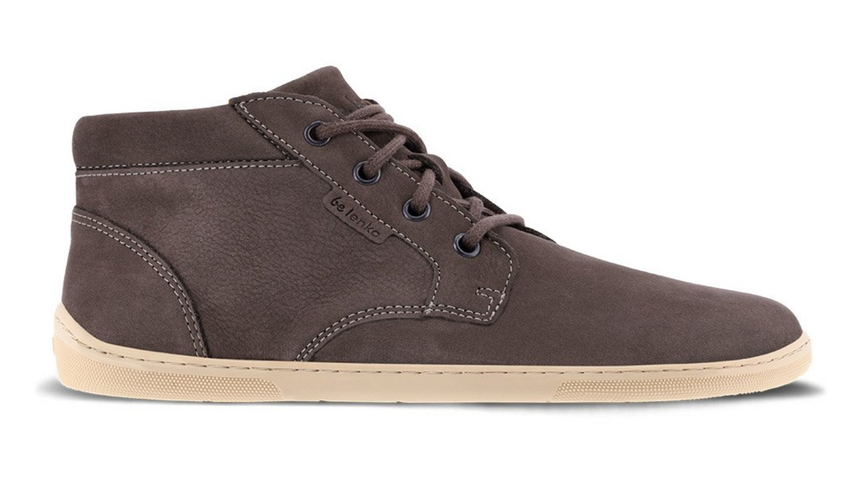 Knöchelhoher Barfußschuh für Erwachsene mit Schnürung und geschlossener Zehenbox, Seitenansicht außen.