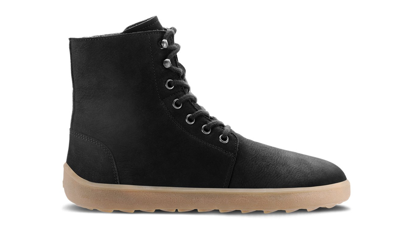 Barfußwinterstiefel für Erwachsene mit breiter Zehenbox, Schnürung, knöchelhohem Schaft, geschlossener Zehenbox und geschlossener Ferse, Seitenansicht außen.