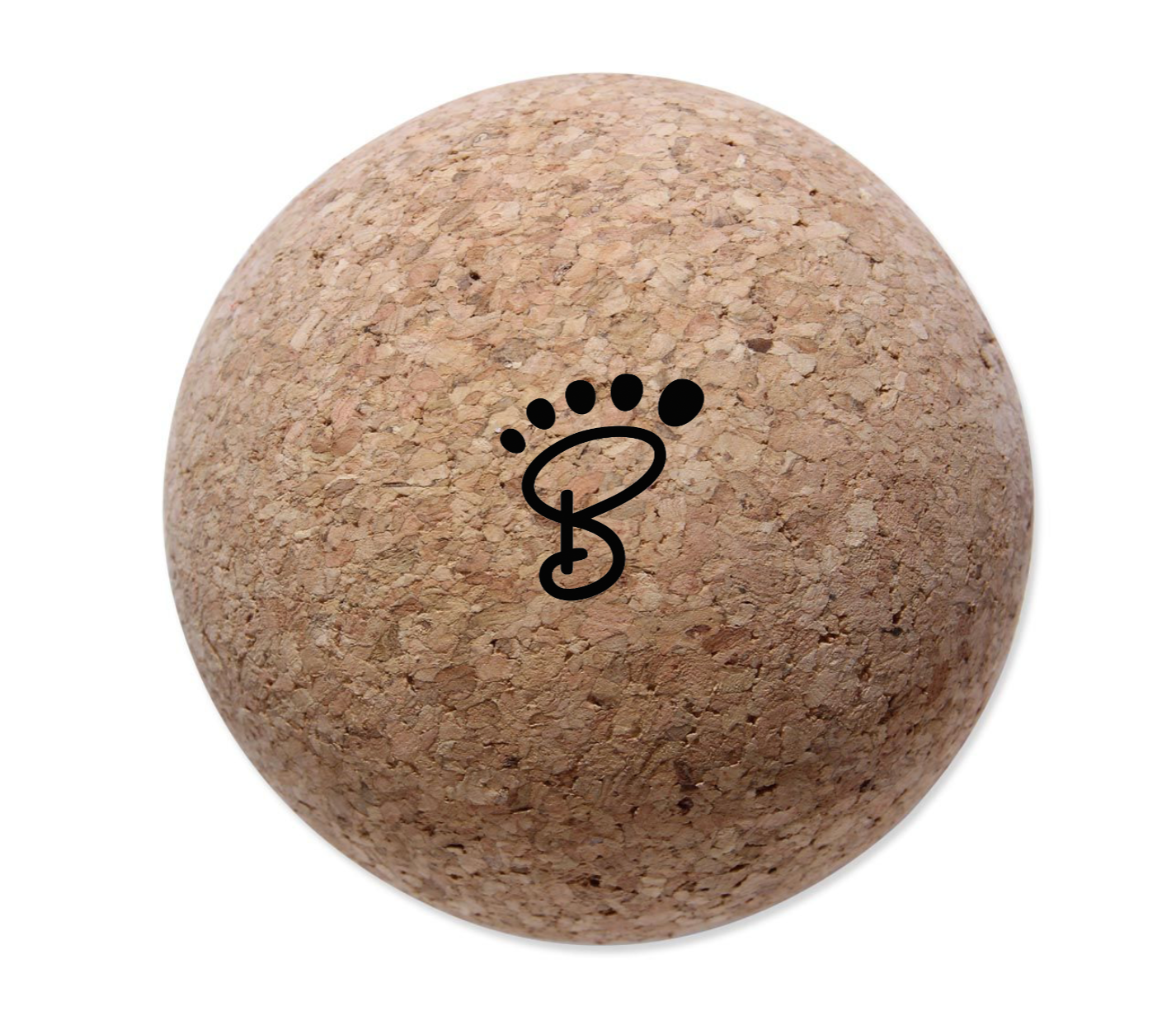 Faszienball aus Kork mit runder Form und aufgedrucktem Logo, Detailansicht.