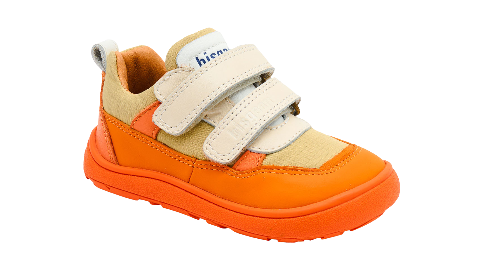 Barfußschuh mit drei Klettverschlüssen, breite Zehenbox, flexible Sohle, geschlossener Fersenbereich, niedriger Schaft, schräge Vorderansicht
