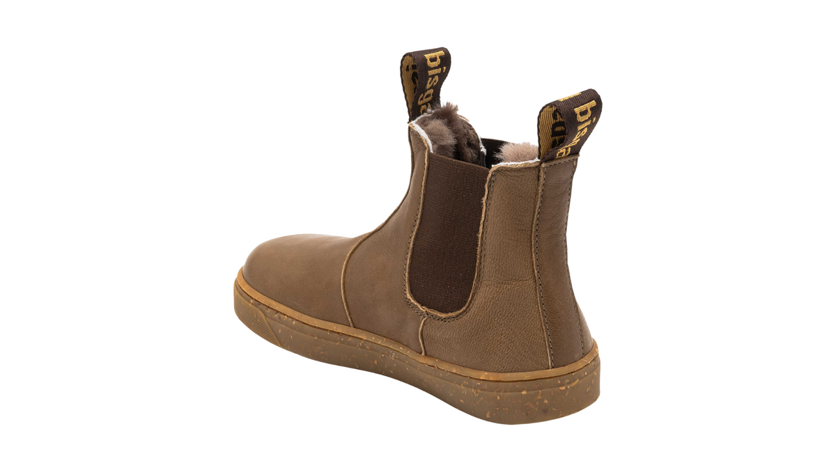 Barfußwinterstiefel mit elastischen Einsätzen und geschlossener Ferse, Rückansicht.