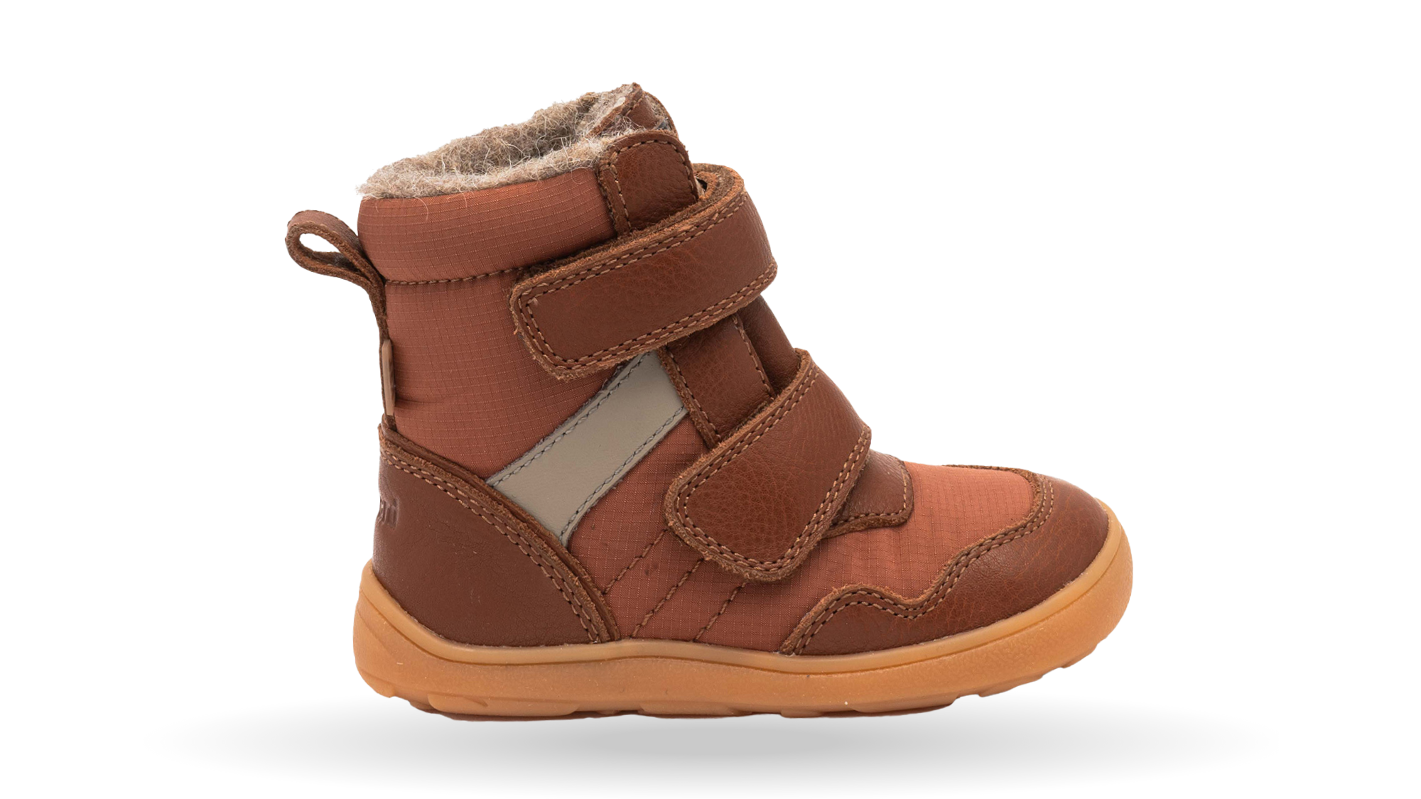 Barfußwinterstiefel für Kinder mit breiter Zehenbox, Klettverschluss, geschlossenen Zehen und geschlossener Ferse, Seitenansicht außen.