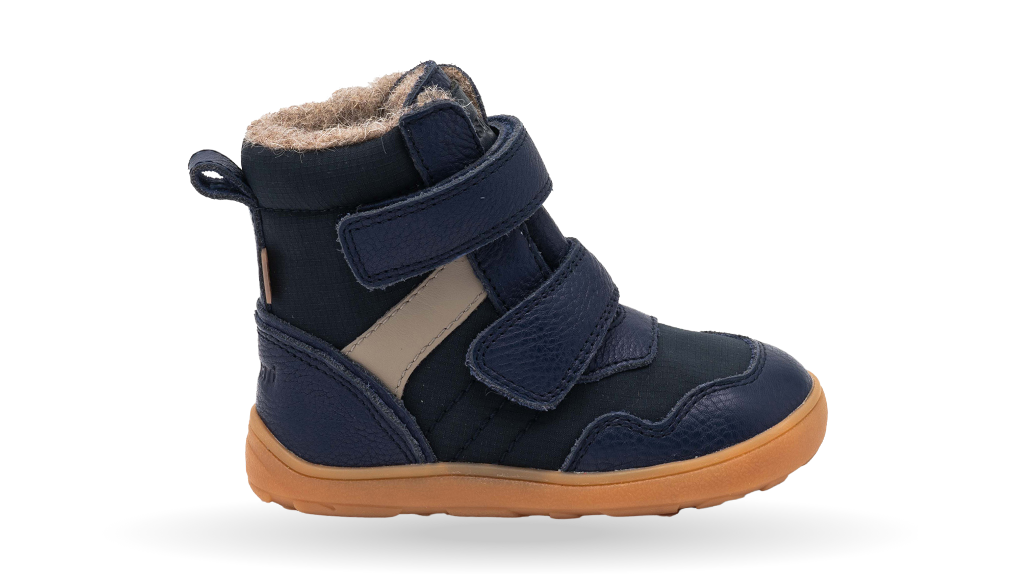 Barfußwinterstiefel für Kinder mit Klettverschluss, geschlossenen Zehen und geschlossener Ferse, Seitenansicht außen.