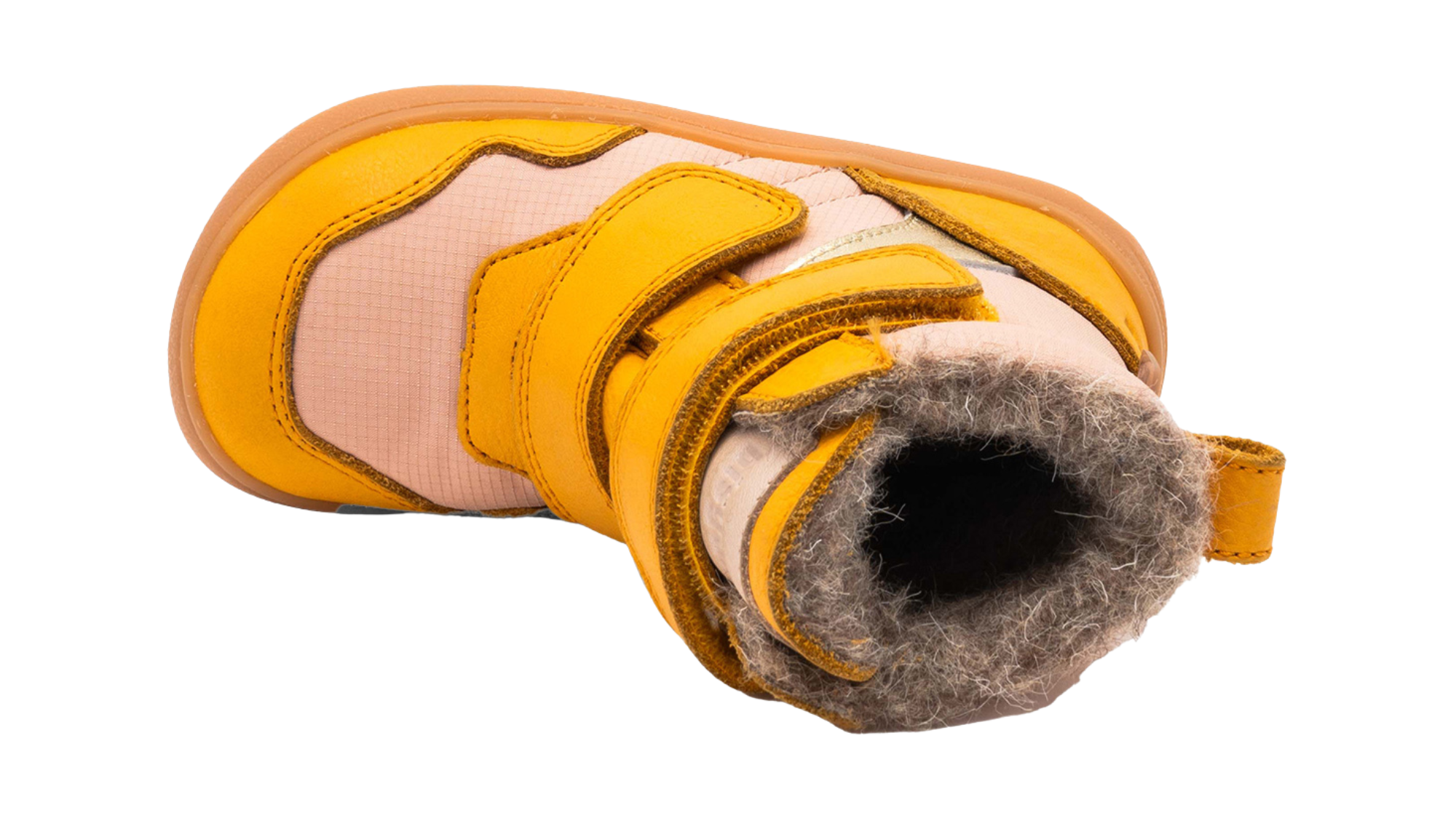 Barfußwinterstiefel für Kinder mit breiter Zehenbox und geschlossener Ferse, Draufsicht in den Schaft.