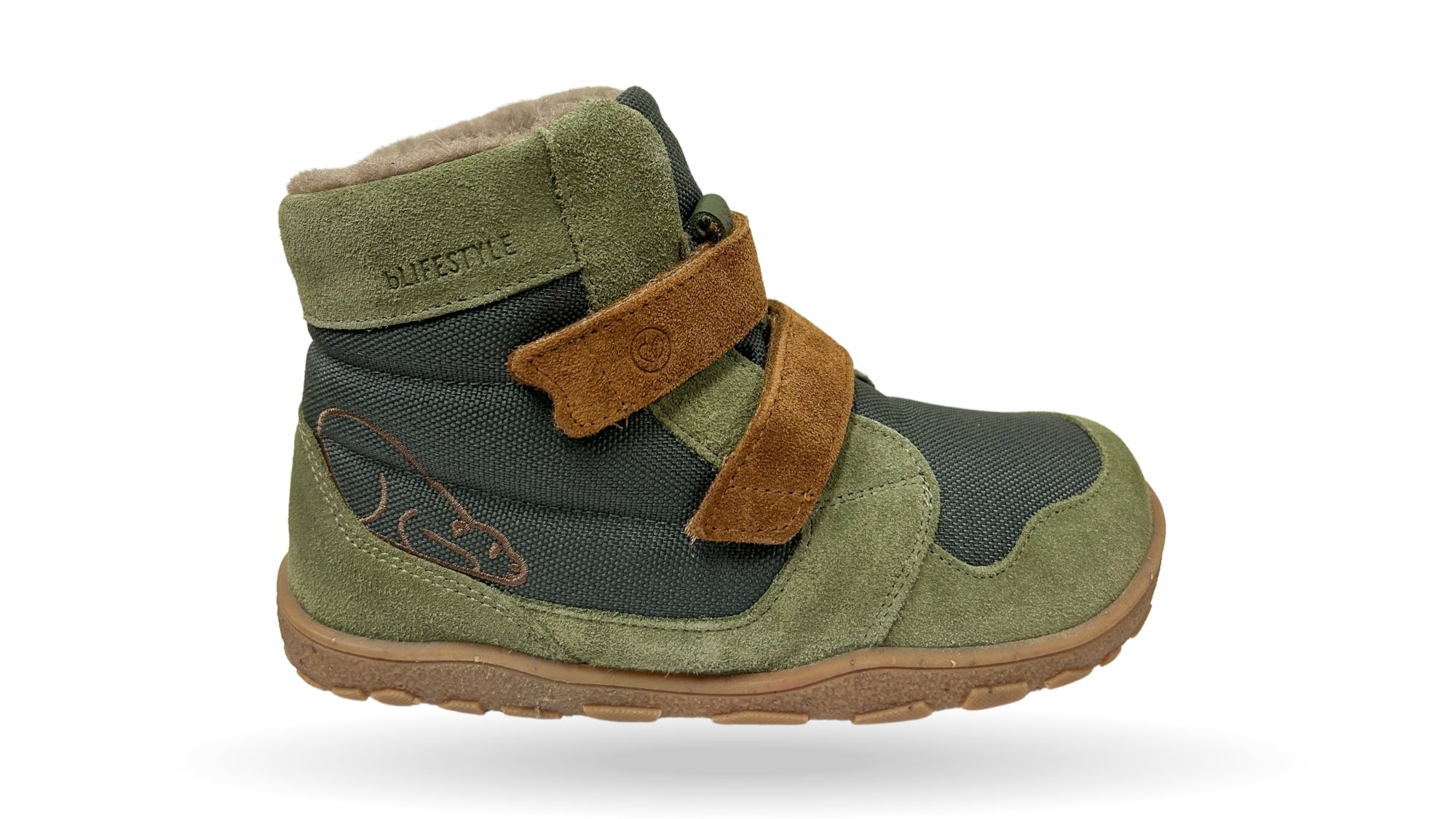 Barfußwinterstiefel mit zwei Klettverschlüssen, breite Zehenbox, flexible Sohle, geschlossener Fersenbereich, hoher Schaft, Seitenansicht außen